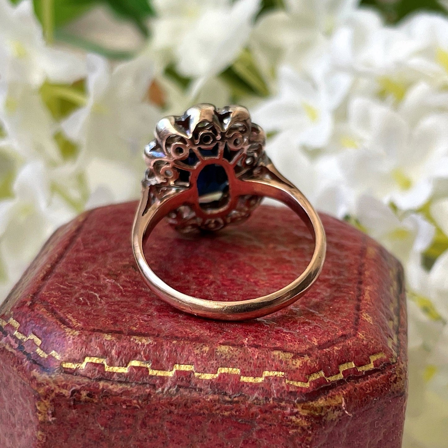 Antique Georgian Sapphire Ring, 18ct Gold. Blue Baguette Cut & White Rose Cut Sapphire Cluster Ring. Georgian/Victorian Halo Engagement Ring