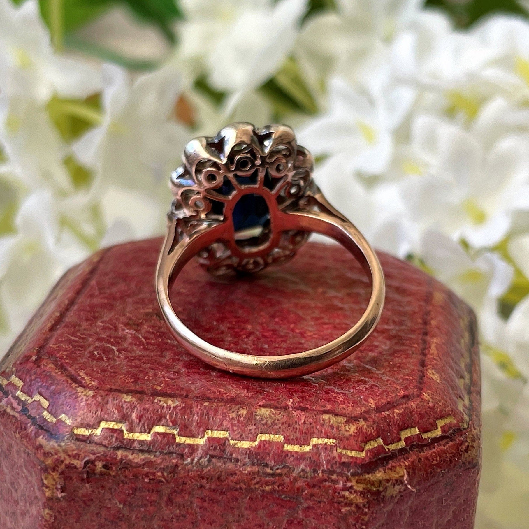 Antique Georgian Sapphire Ring, 18ct Gold. Blue Baguette Cut & White Rose Cut Sapphire Cluster Ring. Georgian/Victorian Halo Engagement Ring