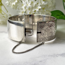 Load image into Gallery viewer, Vintage English Sterling Silver Floral Engraved Bracelet. Victorian Style Wide Hinged Bangle, Hallmarked 1958. Silver Sweetheart Bracelet

