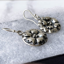 Load image into Gallery viewer, Arts &amp; Crafts Sterling Silver Flower Earrings. Antique Art Nouveau Pendant Drop Earrings. Hammered Shadow Box Poppy Motif Earrings.

