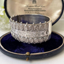 Load image into Gallery viewer, Antique Victorian Aesthetic Engraved Silver Bracelet. Engraved Forget-Me-Not &amp; Silver Bead Wide Hinged Bangle, Hallmarked 1883
