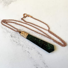 Load image into Gallery viewer, Antique Victorian Rose Gold Malachite Fob Pendant. Engraved Silver Gilt Torpedo Drop Pendant &amp; Chain. Kite/Tie Shaped Scottish Agate Fob.
