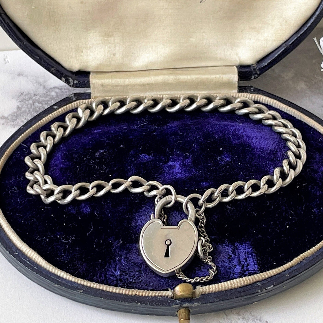 Antique Victorian Silver Bracelet With Heart Padlock. English Curb Chain Bracelet, 1890. Sterling Silver Watch Chain Sweetheart Bracelet
