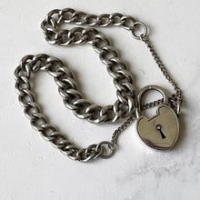 Lade das Bild in den Galerie-Viewer, Antique Victorian Silver Bracelet With Heart Padlock. English Curb Chain Bracelet, 1890. Sterling Silver Watch Chain Sweetheart Bracelet
