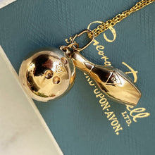Load image into Gallery viewer, Vintage Bowling Pin &amp; Ball 9ct Gold Pendant Necklace. 1960s Retro Pendant Charm, Fred Manshaw, London. Vintage Gold Chunky Charm
