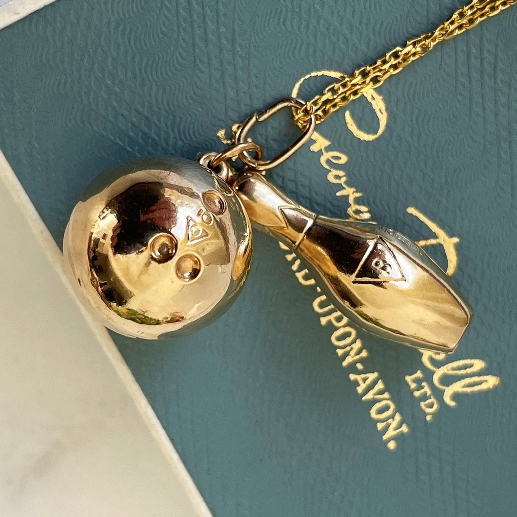 Vintage Bowling Pin & Ball 9ct Gold Pendant Necklace. 1960s Retro Pendant Charm, Fred Manshaw, London. Vintage Gold Chunky Charm