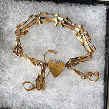 Load image into Gallery viewer, Vintage 9ct Gold Gate Bracelet With Heart Padlock Clasp. English Hallmarked Sweetheart Bracelet. Yellow Gold Fancy Link Love Bracelet
