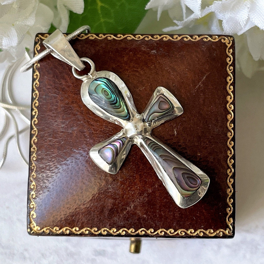 Vintage Sterling Silver Abalone Cross Pendant Necklace. Green Ormer Shell Pendant & Snake Chain. Vintage Ari D Norman Pendant Necklace