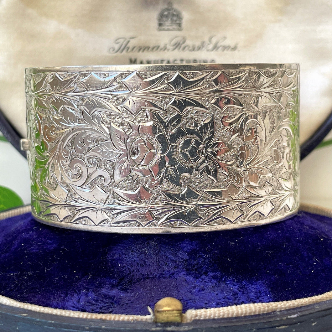 Antique Victorian Sterling Silver Wide Bracelet. Floral Engraved Rose & Ivy Wide Cuff Bangle. English Silver Sweetheart Bracelet