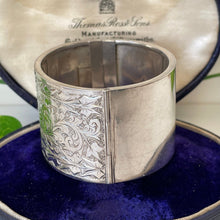 Load image into Gallery viewer, Antique Victorian Sterling Silver Wide Bracelet. Floral Engraved Rose &amp; Ivy Wide Cuff Bangle. English Silver Sweetheart Bracelet
