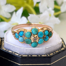 Load image into Gallery viewer, Antique Georgian Diamond &amp; Turquoise Locket Ring. 18ct Gold Forget-me-Not Ring Mourning Ring With Hair. Gemstone Cluster/Halo Flower Ring
