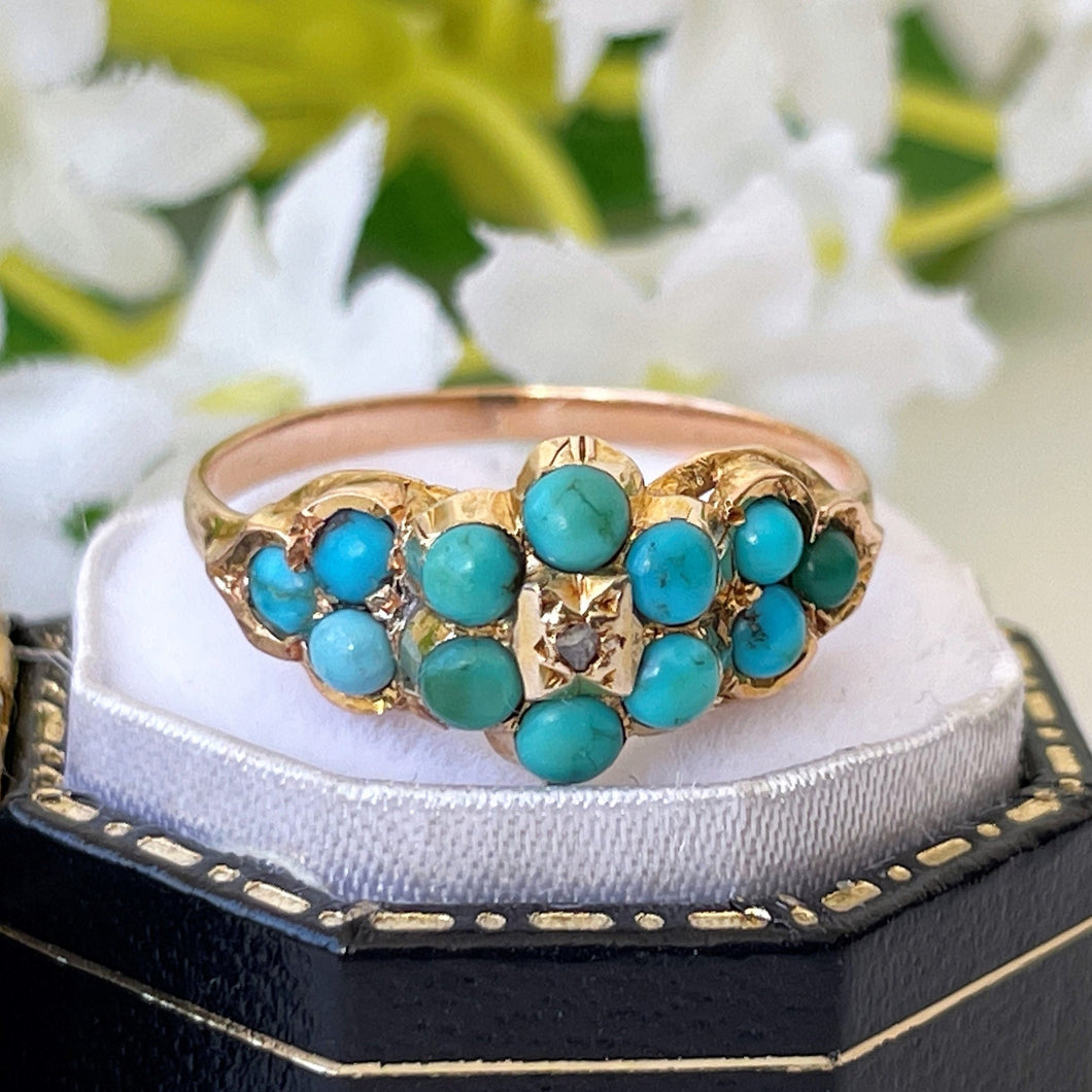 Antique Georgian Diamond & Turquoise Locket Ring. 18ct Gold Forget-me-Not Ring Mourning Ring With Hair. Gemstone Cluster/Halo Flower Ring