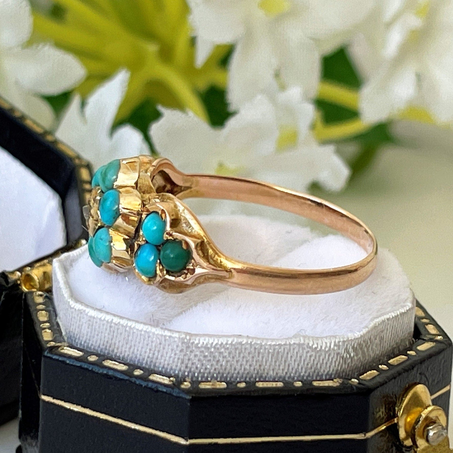 Antique Georgian Diamond & Turquoise Locket Ring. 18ct Gold Forget-me-Not Ring Mourning Ring With Hair. Gemstone Cluster/Halo Flower Ring