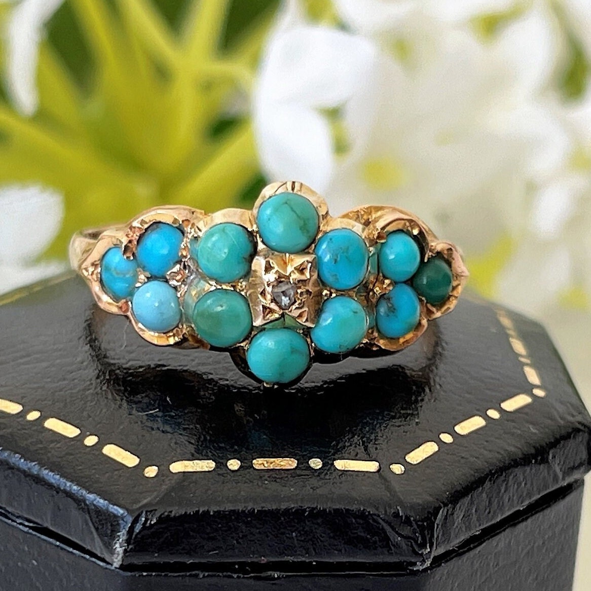 Antique Georgian Diamond & Turquoise Locket Ring. 18ct Gold Forget-me-Not Ring Mourning Ring With Hair. Gemstone Cluster/Halo Flower Ring