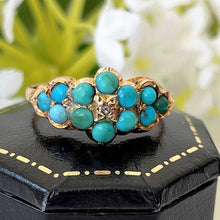 Load image into Gallery viewer, Antique Georgian Diamond &amp; Turquoise Locket Ring. 18ct Gold Forget-me-Not Ring Mourning Ring With Hair. Gemstone Cluster/Halo Flower Ring
