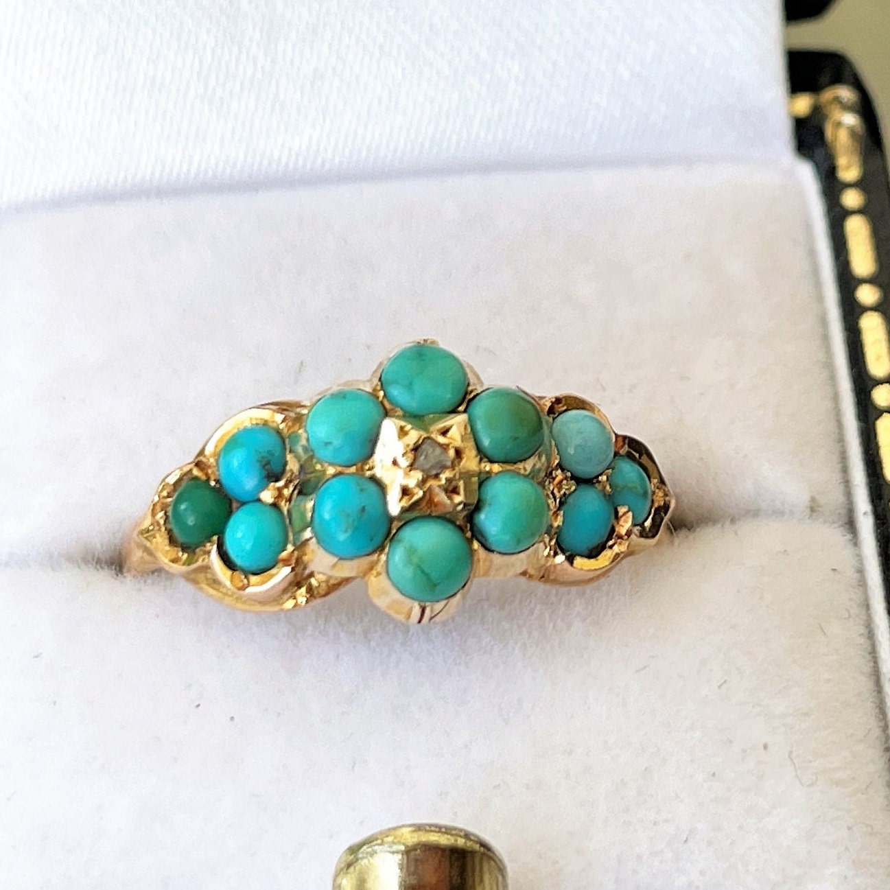 Antique Georgian Diamond & Turquoise Locket Ring. 18ct Gold Forget-me-Not Ring Mourning Ring With Hair. Gemstone Cluster/Halo Flower Ring