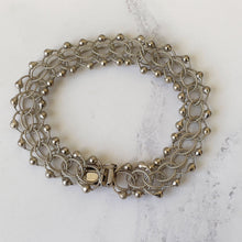 Load image into Gallery viewer, Vintage Sterling Silver Fancy Link Bracelet. English 1970s Silver Chainmail Bracelet. Retro Orb &amp; Ball Silver Bracelet, London Hallmarks
