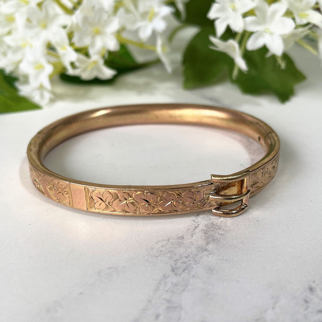Antique Victorian Rolled Gold Bangle Bracelet. Rose Gold Filled Belt Buckle Narrow Bangle. Victorian Aesthetic Engraved Bracelet.