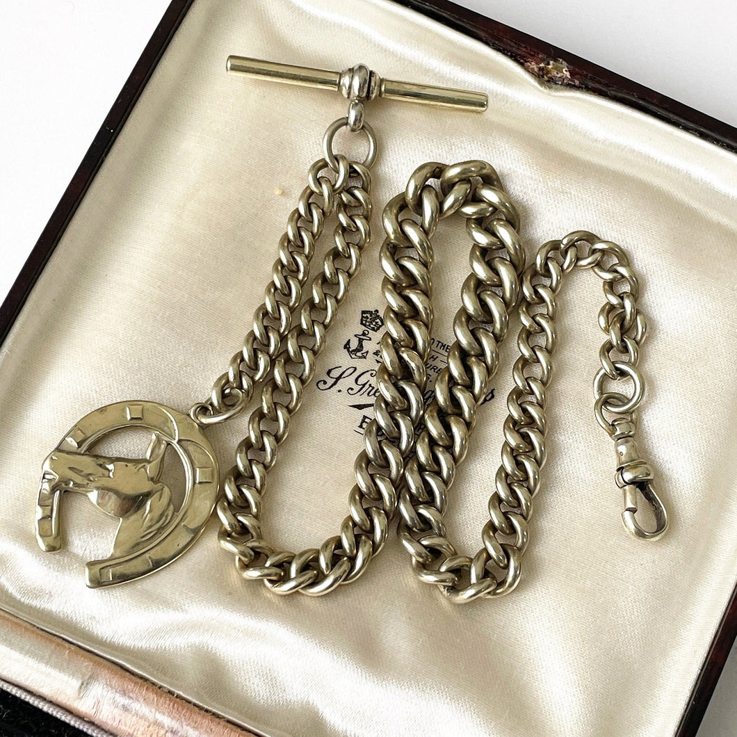 Victorian Gold Plated Pocket Watch Chain & Horseshoe Fob. Antique ALBO Albert Watch Chain. Curb Chain Bracelet, T-Bar, Dog Clip, Fob.
