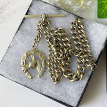 Load image into Gallery viewer, Victorian Gold Plated Pocket Watch Chain &amp; Horseshoe Fob. Antique ALBO Albert Watch Chain. Curb Chain Bracelet, T-Bar, Dog Clip, Fob.
