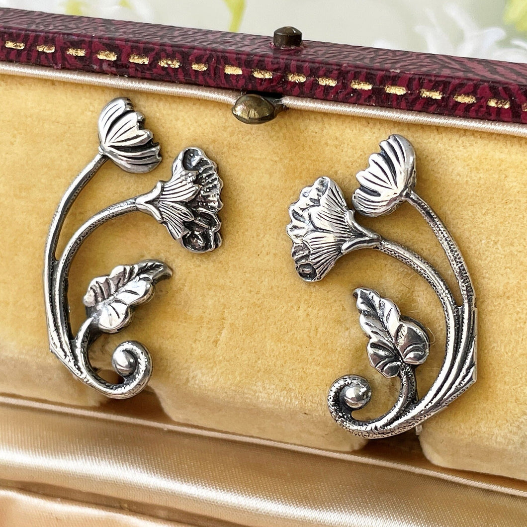 Antique Sterling Silver Art Nouveau Earrings. Edwardian/Art Deco Floral Ear Climber Earrings. Antique Screw Back Silver Poppy Earrings