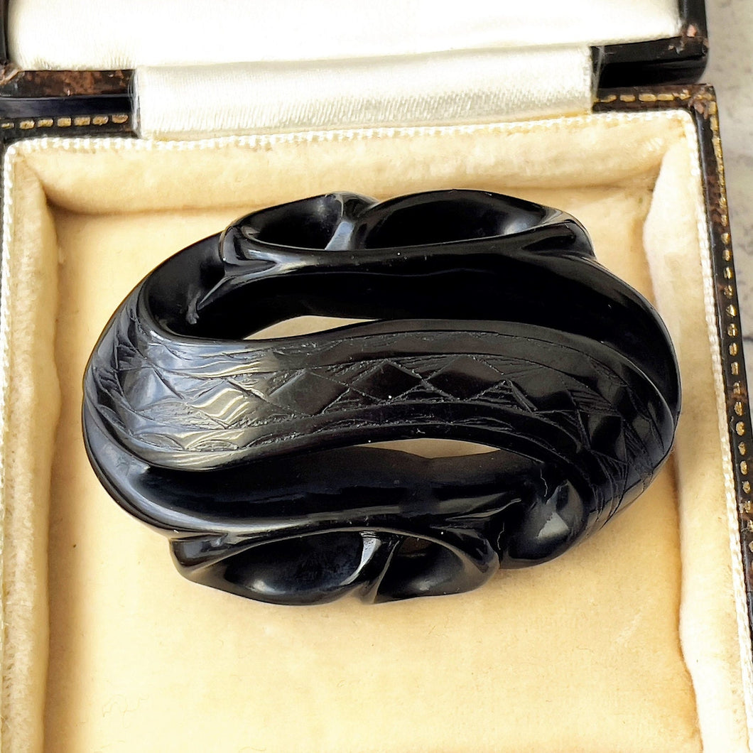 Antique Victorian Whitby Jet Stylised Snake Brooch. Deep Carved English Jet Infinity Love Knot Brooch. Victorian Mourning Jewelry