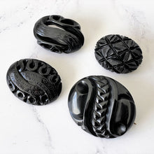 Load image into Gallery viewer, Antique Victorian Whitby Jet Stylised Snake Brooch. Deep Carved English Jet Infinity Love Knot Brooch. Victorian Mourning Jewelry

