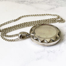 Load image into Gallery viewer, Antique Victorian Silver Flower Locket &amp; Chain. Embossed Engraved Chrysanthemum Photo Locket. Large Puffy Sterling Silver Locket Necklace
