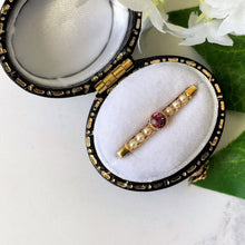 Load image into Gallery viewer, Antique Pink Garnet &amp; Pearl 9ct Gold Pin. Edwardian Stock/Tie/Cravat/Collar Pin. Rhodolite Garnet and Seed Pearl Tiny Gold Brooch
