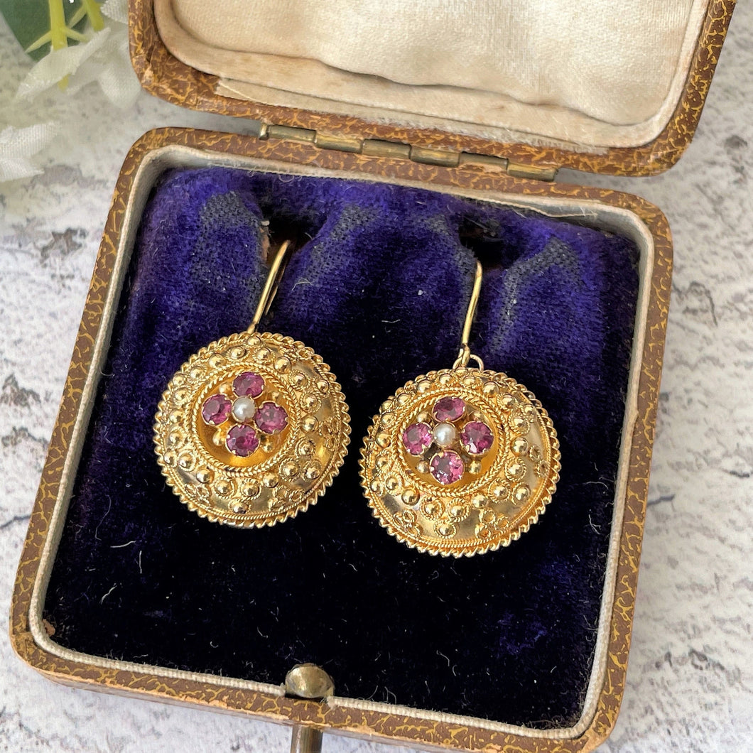 Antique Victorian 9ct Gold Garnet & Pearl Earrings. Etruscan Revival Rose Pink Rhodolite Garnet Gold Earrings. Victorian Target Earrings