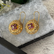 Cargar imagen en el visor de la galería, Antique Victorian 9ct Gold Garnet &amp; Pearl Earrings. Etruscan Revival Rose Pink Rhodolite Garnet Gold Earrings. Victorian Target Earrings
