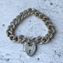 Load image into Gallery viewer, Vintage Heavy Sterling Curb Chain Bracelet, Heart Padlock Clasp. Chunky 1970s English Silver Diamond Cut Love Bracelet, London Hallmarks
