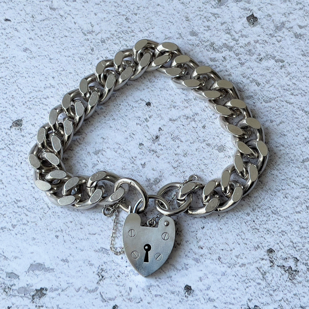 Vintage Heavy Sterling Curb Chain Bracelet, Heart Padlock Clasp. Chunky 1970s English Silver Diamond Cut Love Bracelet, London Hallmarks