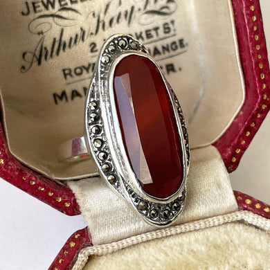 Antique Art Deco Carnelian Ring. French Sterling Silver Marcasite Oval Cut Cabochon Ring. Vintage 1930s Cocktail Ring. Size 7.5 US, UK P