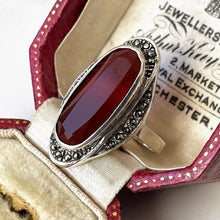 Load image into Gallery viewer, Antique Art Deco Carnelian Ring. French Sterling Silver Marcasite Oval Cut Cabochon Ring. Vintage 1930s Cocktail Ring. Size 7.5 US, UK P
