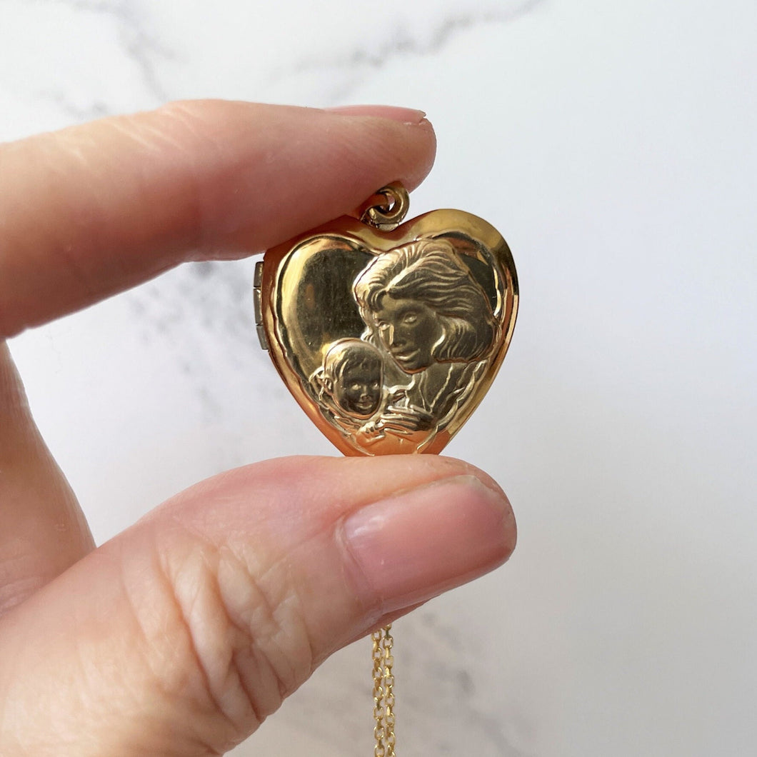 Vintage Solid 14ct Gold Love Heart Locket. Mother & Child 2-Photo Keepsake Locket. Yellow Gold Necklace For Mother. Vintage Jewelry Gift