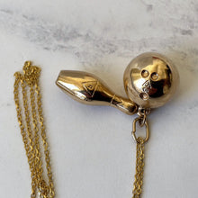Load image into Gallery viewer, Vintage Bowling Pin &amp; Ball 9ct Gold Pendant Necklace. 1960s Retro Pendant Charm, Fred Manshaw, London. Vintage Gold Chunky Charm
