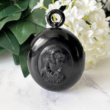 Load image into Gallery viewer, Antique Victorian Whitby Jet Locket.  Carved Jet Elizabethan Portrait Locket. Large Whitby Jet Mourning Locket. Victorian Mourning Jewelry
