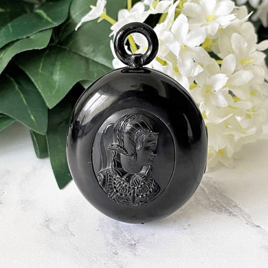 Antique Victorian Whitby Jet Locket.  Carved Jet Elizabethan Portrait Locket. Large Whitby Jet Mourning Locket. Victorian Mourning Jewelry