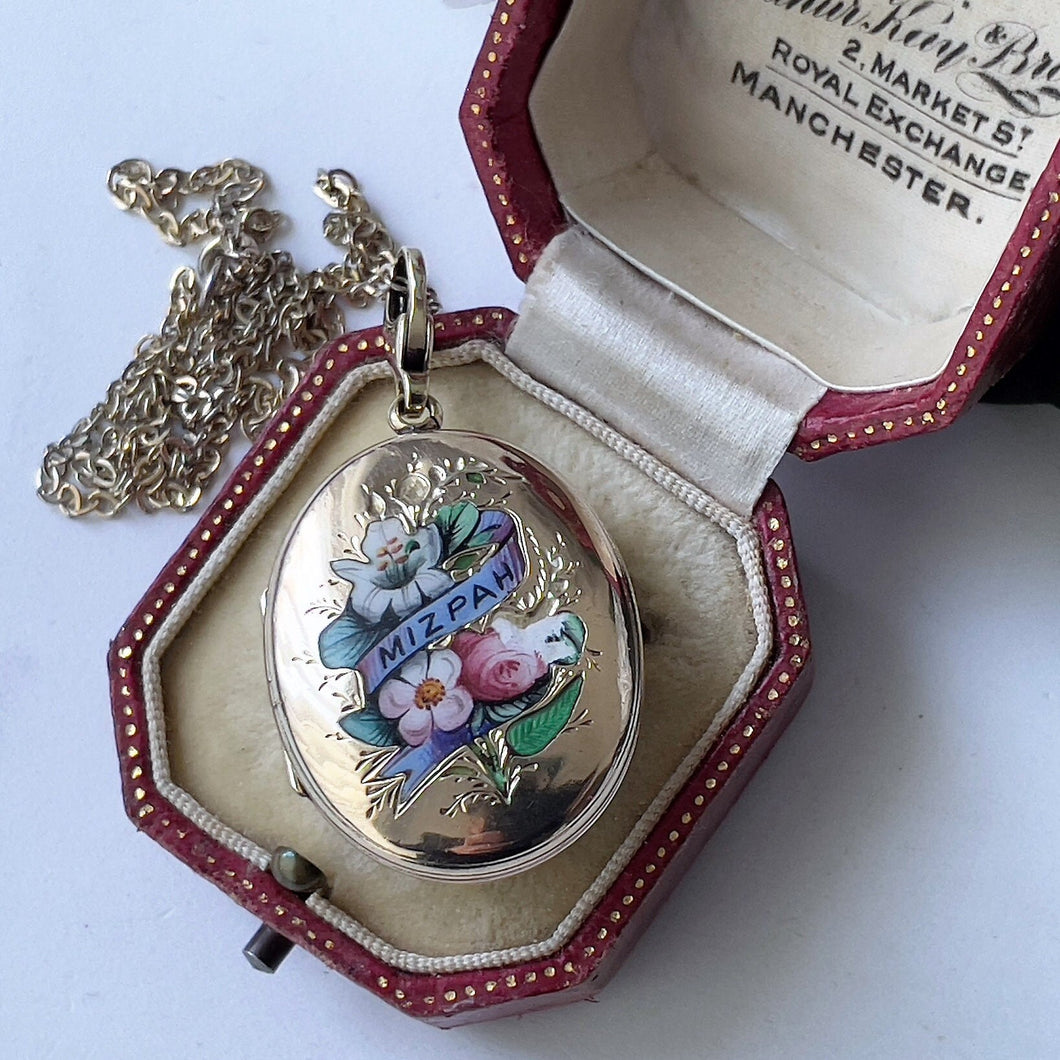Antique Victorian 9ct Gold Enamel Mizpah Locket, Dog-Clip Bale. 2 Sided Engraved Gold Flower Locket. Gold Love Token Sweetheart Locket.