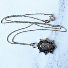 Load image into Gallery viewer, Antique Victorian Silver Aesthetic Engraved Pansy Flower Necklace. Small Oval Sterling Silver Antique Pendant &amp; Chain. Victorian Jewelry
