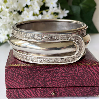 Antique Victorian Silver Belt Buckle Cuff Bracelet. English Aesthetic Engraved Ivy Wide Bangle. Antique Sterling Wrap Around Cuff Bracelet