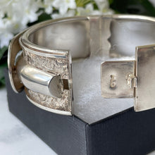 Load image into Gallery viewer, Antique Victorian Silver Belt Buckle Cuff Bracelet. English Aesthetic Engraved Ivy Wide Bangle. Antique Sterling Wrap Around Cuff Bracelet
