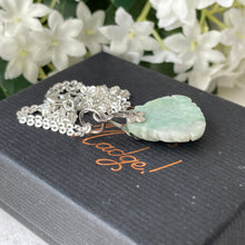 Load image into Gallery viewer, Vintage Silver Buddha Pendant Necklace. Carved Apple Green Jade Sterling Silver Pendant &amp; Chain. Chinese Good Luck Pendant Charm Necklace
