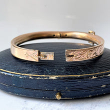 Load image into Gallery viewer, Antique Victorian Rolled Gold Bangle Bracelet. Rose Gold Filled Belt Buckle Narrow Bangle. Victorian Aesthetic Engraved Bracelet.
