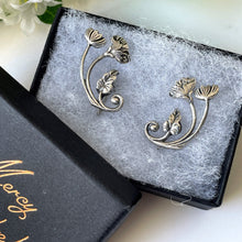 Load image into Gallery viewer, Antique Sterling Silver Art Nouveau Earrings. Edwardian/Art Deco Floral Ear Climber Earrings. Antique Screw Back Silver Poppy Earrings
