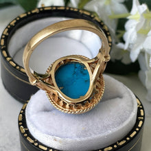 Load image into Gallery viewer, Vintage 9ct Gold Turquoise Ring. Neoclassical Yellow Gold Ring. Large Turquoise Cabochon Statement Ring. Vintage 1970s Cocktail Ring
