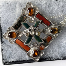 Lade das Bild in den Galerie-Viewer, Victorian Scottish Silver Citrine, Moonstone &amp; Agate Brooch. St Andrews Cross and Crown Engraved Brooch. Antique Scottish Pebble Jewellery
