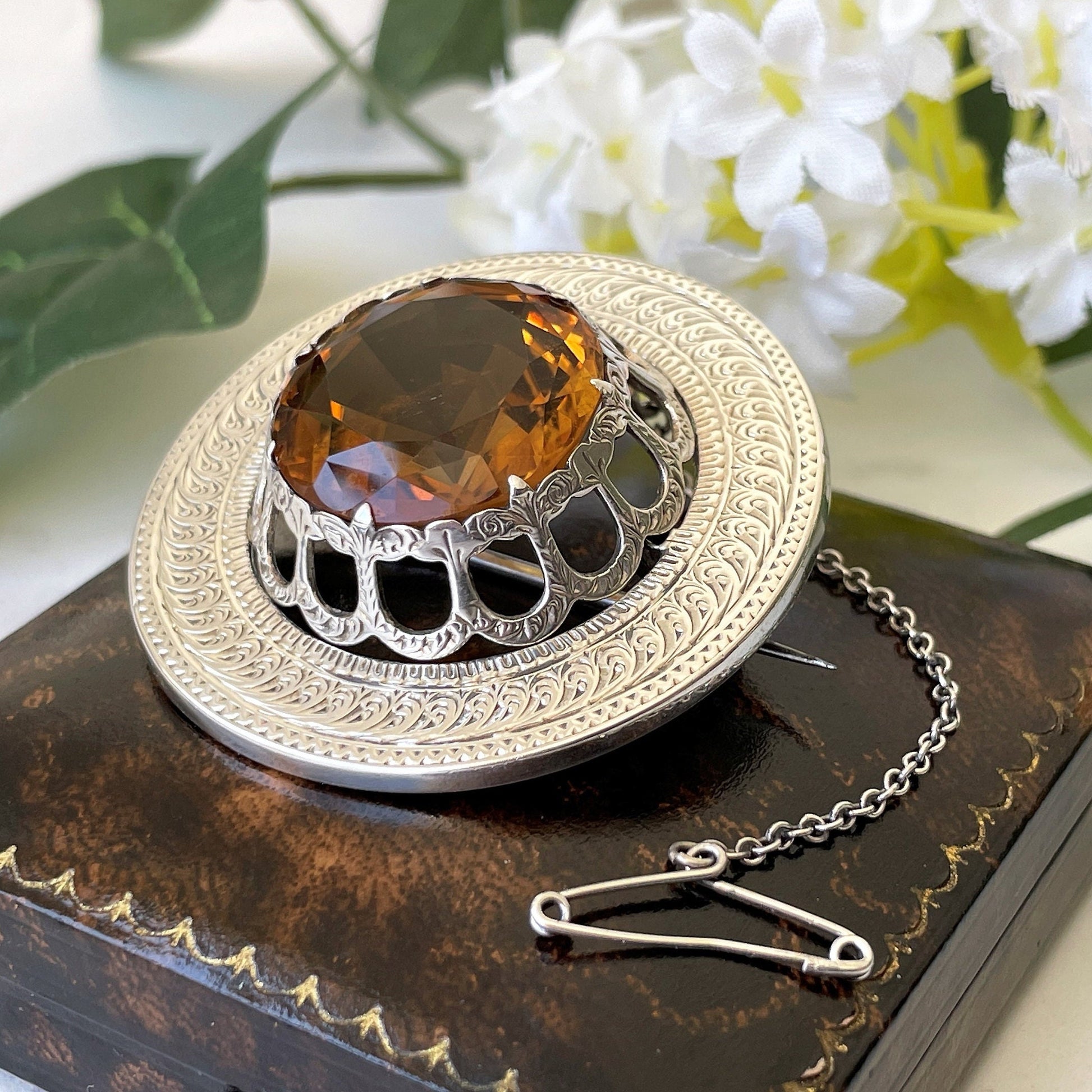 Antique Victorian Scottish Cairngorm Silver Brooch. 24 Ct. Citrine Gemstone Round Brooch. Aesthetic Engraved Silver Tartan Fly Brooch c1860