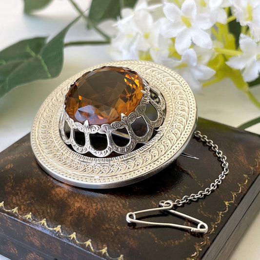 Antique Victorian Scottish Cairngorm Silver Brooch. 24 Ct. Citrine Gemstone Round Brooch. Aesthetic Engraved Silver Tartan Fly Brooch c1860